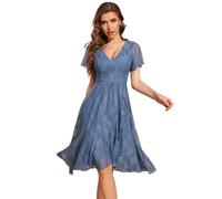 Ever-Pretty Robe Invitée de Mariage Midi Dentelle Col V Maches Courtes Cocktail Bleu Brume 40