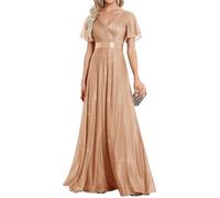 Ever-Pretty Robe Longue de Soiree Tulle Plissé Femme Manches Courtes Col V A Line Taille Empire Brillante Élégante Or Rose 48