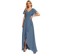 Ever-Pretty Robe Mariage Invitée Femme Longue Asymétrique Manches Courtes Col V Fendue Fluide Chic Bleu Denim 40