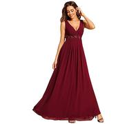 Ever-Pretty Robe Mariage Invitée Femme Longue Plis de Fleurs Décolleté en V sans Manches A Line Chic Bordeaux 40