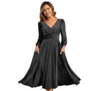 Ever-Pretty Robe Mariage Invitée Femme Midi Encolure en V Manches Longues Robe de Cocktail Noir 38