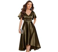 Ever-Pretty Robe Mariage Invitée Femme Midi Poche High Low Col V Manches Courtes Vert Olive 48