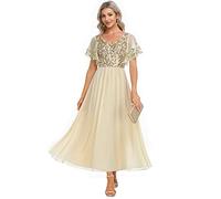 Ever-Pretty Robe Mère de Mariée Femme Longue à Paillettes Manches Courtes Col V A Line Fluide Chic Or 56