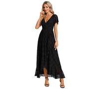 Ever-Pretty Robe Mère de Mariée Femme Longue Asymétrique Dentelle Manches Courtes Col V Fluide Chic Noir 46