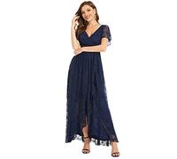 Ever-Pretty Robe Mère de Mariée Femme Longue Asymétrique Dentelle Manches Courtes Col V Fluide Chic Bleu Marine 46