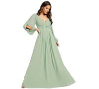 Ever-Pretty Robe Mère de Mariée Grande Taille Femme Longue Manche Longue Col V en Mousseline Applique Plissé Verte Menthe 48