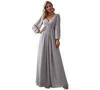 Ever-Pretty Robe Mère de Mariée Grande Taille Femme Longue Manche Longue Col V en Mousseline Applique Plissé Gris 44