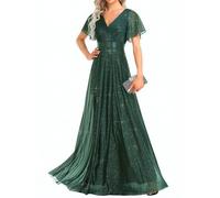 Ever-Pretty Robe Mère de Mariée Longue Col V Manches Courtes Tulle A Line