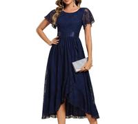 Ever-Pretty Robe Mère de Mariée Midi Dentelle Col Rond Manches Volants High Low Bleu Marine 52