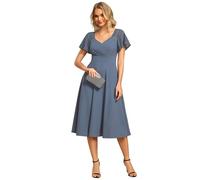 Ever-Pretty Robe Midi Mariage Invitée Haute Élasticité Col V Dentelle Chic Bleu Gris Brume 42