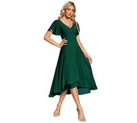 Ever-Pretty Robe pour Invité Mariage A Line Col V Manches Volantées Mousseline Taille Empire Robe de Bal Casual Vert Foncé 48