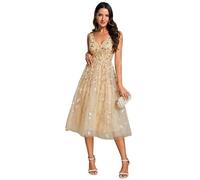 Ever-Pretty Robe pour Invité Mariage Dos Nu Femme Paillettes Feuilles Double V-Col sans Manches A Line Taille Empire Robe de Bal Brillante Or 46