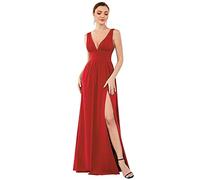 Ever-Pretty Robe pour Mariage Invité Femme Longue Fendue Col V Mousseline de Soie sans Manche A Line Chic Rouge 38
