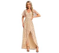 Ever-Pretty Robe pour Mariage Invité Longue Femme Asymétrique Double V-Col A Line Paillettes Feuilles Taille Empire Belle Robe Soirée Or 36