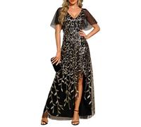 Ever-Pretty Robe pour Mariage Invité Longue Femme Asymétrique Double V-Col A Line Paillettes Feuilles Taille Empire Belle Robe Soirée Or Noir 50