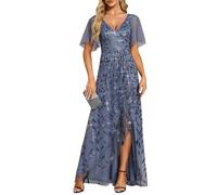 Ever-Pretty Robe pour Mariage Invité Longue Femme Asymétrique Double V-Col A Line Paillettes Feuilles Taille Empire Belle Robe Soirée Bleu Brume 44