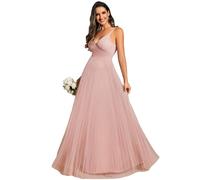 Ever-Pretty Robe Témoin de Mariage A Line Col V Tulle sans Manches Bretelles Taille Empire Robe pour Mariage Invité Longue Élégante Rose 40