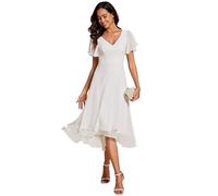 Ever-Pretty Robe Témoin de Mariage Asymétrique High Low Col V Manches Volantées Mousseline Midi Taille Empire Belle Robe Soirée Chic Blanc 44
