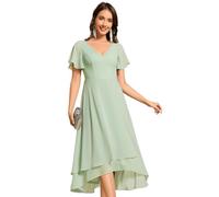 Ever-Pretty Robe Témoin de Mariage Asymétrique High Low Col V Manches Volantées Mousseline Midi Taille Empire Belle Robe Soirée Chic Verte Menthe 42