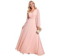 Ever-Pretty Robe Témoin de Mariage Double V-Col Mousseline Manches Longues A Line Plissé Brillante Robe Longue Soiree Gala Rose 40
