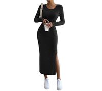 Ever-Pretty Robe Tricotée Femme Col Rond Fendu Moulante Automne et Hiver Robe Pull Noir S