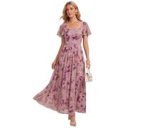 Ever-Pretty Robes de Demoiselle d'honneur Col Carrée Manches Courtes Mousseline Maxi Robe évasée Imprimé Violet Clair 54