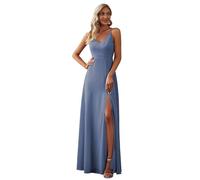 Ever-Pretty Robes de Demoiselle d'honneur Col en V sans Manche Mousseline Maxi Robe évasée Bleu Poussiéreux 34