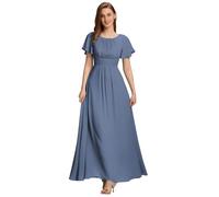 Ever-Pretty Robes de Demoiselle d'honneur Col Rond Manches Longue Grand Taille Robe Soirée Femme Longue Bleu Brume 38