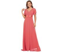 Ever-Pretty Robes de Soirée Femmes Longues Manches Volants Tulle Paillettes de Feuilles Col V Chic Rose Corail 34