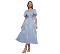 Ever-Pretty Robes d'Invité de Mariage Col en V Manches Courtes Soie de l'île Midi Bleu Poussiéreux 38