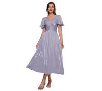 Ever-Pretty Robes d'Invité de Mariage Col en V Manches Courtes Soie de l'île Midi Lilas Givré 46