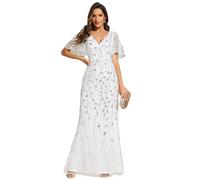 Ever-Pretty Sirène Robe de Soirée Femme Longue Paillettes Manche Courte Feuilles Splendide Blanc 46
