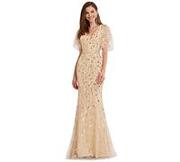 Ever-Pretty Sirène Robe de Soirée Femme Longue Paillettes Manche Courte Feuilles Splendide Or 50