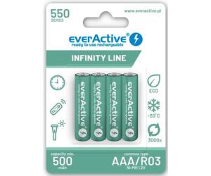 everActive Batterie AAA 550mAh 4pcs NI-MH Mini R03 Rechargeable Pré-chargé Infinity Line 1.2V 1 Carte Blister Vert EVHRL03-550