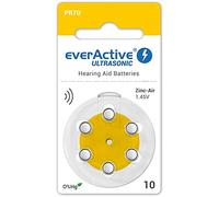 everActive Lot de 10, 6 Piles pour appareils auditifs Haute Performance Zinc Air 1 Carte Blister Durée 4 Ans Jaune Ultrasonic PR70 EVHAB10