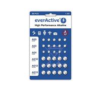 everActive Lot de 10 Piles AG3, 5 x AG4, 5 x AG 10, 10 x AG13 1,5 V, 30 x Piles, Piles Bouton alcaline, Mini, durée de Vie de 3 Ans, 30 pièces - 1 Carte Blister