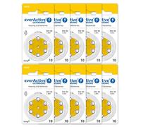 everActive Ultrasonic PR70 Lot de 60 Piles Zinc-air Haute Performance pour appareils auditifs 10 Cartes Blister Durée de Vie 4 Ans Jaune