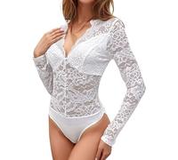 Everbellus Body sexy en dentelle pour femme à manches longues en V profond, blanc, Small