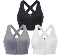 Evercute Soutien-Gorge Post-Chirurgie à Fermeture éclair sur Le Devant pour Femme, Soutien-Gorge de Sport sans Fil, Bretelles rembourrées, Soutien Moyen, Yoga, Exercice, Noir, Blanc, Gris - Lot de 3,