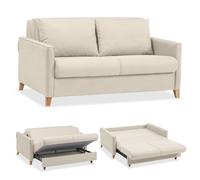 EVERGREENWEB Canapé-lit 2 Places Convertible en Lit Double avec Coffre de Rangement, Structure Pliable, Rembourrée Tissu Beige, Double Coussin de Dossier Canapé avec Chaise Longue Coulissante, Calion