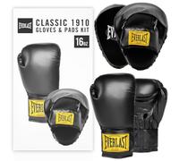 Everlast 1910 Classic Training Gants de Boxe et Pattes d'ours 16oz (Noir), Cuir, Fermeture Auto-Agrippante, pour Sacs - Equipement Everlast Authentique