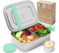 Everusely - Bento Box - Green - 1,4 L - Grande boîte repas en acier inoxydable avec récipient à sauce étanche - Récipient à snacks 3 compartiments