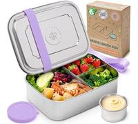 Everusely - Bento Box - Lavender - 1,4 L - Grande boîte repas en acier inoxydable avec récipient à sauce étanche - Récipient à snacks 3 compartiments