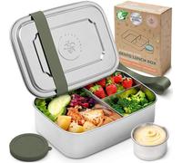 Everusely - Bento Box - Sage - 1,4 L - Grande boîte repas en acier inoxydable avec récipient à sauce étanche - Récipient à snacks 3 compartiments