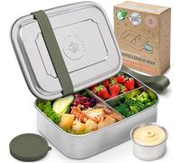 Everusely - Bento Box - Sage - 1,8 L - Très grande boîte repas en acier inoxydable avec récipient à sauce étanche - Récipient à snacks 3 compartiments