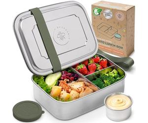 Everusely - Bento Box - Sage - 1,8 L - Très grande boîte repas en acier inoxydable avec récipient à sauce étanche - Récipient à snacks 3 compartiments