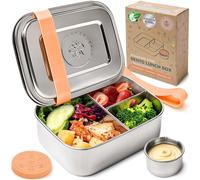 Everusely - Boîte à bento - Orange - 0,8 L - Boîte à déjeuner en acier inoxydable avec récipient à condiments étanche - Organisateur de collations à 3 compartiments