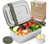 Everusely - Boîte à bento pour enfants - Sauge - 1,1 L - Boîte à lunch en acier inoxydable avec récipient à condiments étanche - Boîte à goûter à 3 compartiments