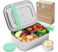 Everusely - Boîte à bento pour enfants - Vert - 1,1 L - Boîte à lunch en acier inoxydable avec récipient à condiments étanche - Boîte à goûter à 3 compartiments