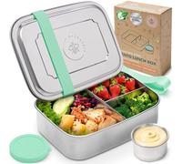 Everusely - Boîte à bento pour enfants - Vert - 1,8 L - Boîte à lunch en acier inoxydable avec récipient à condiments étanche - Boîte à goûter à 3 compartiments